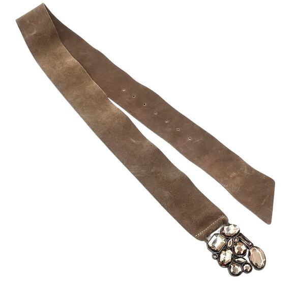 Women\'s brown suede belt with embellished smoky golden faux glass main image 10